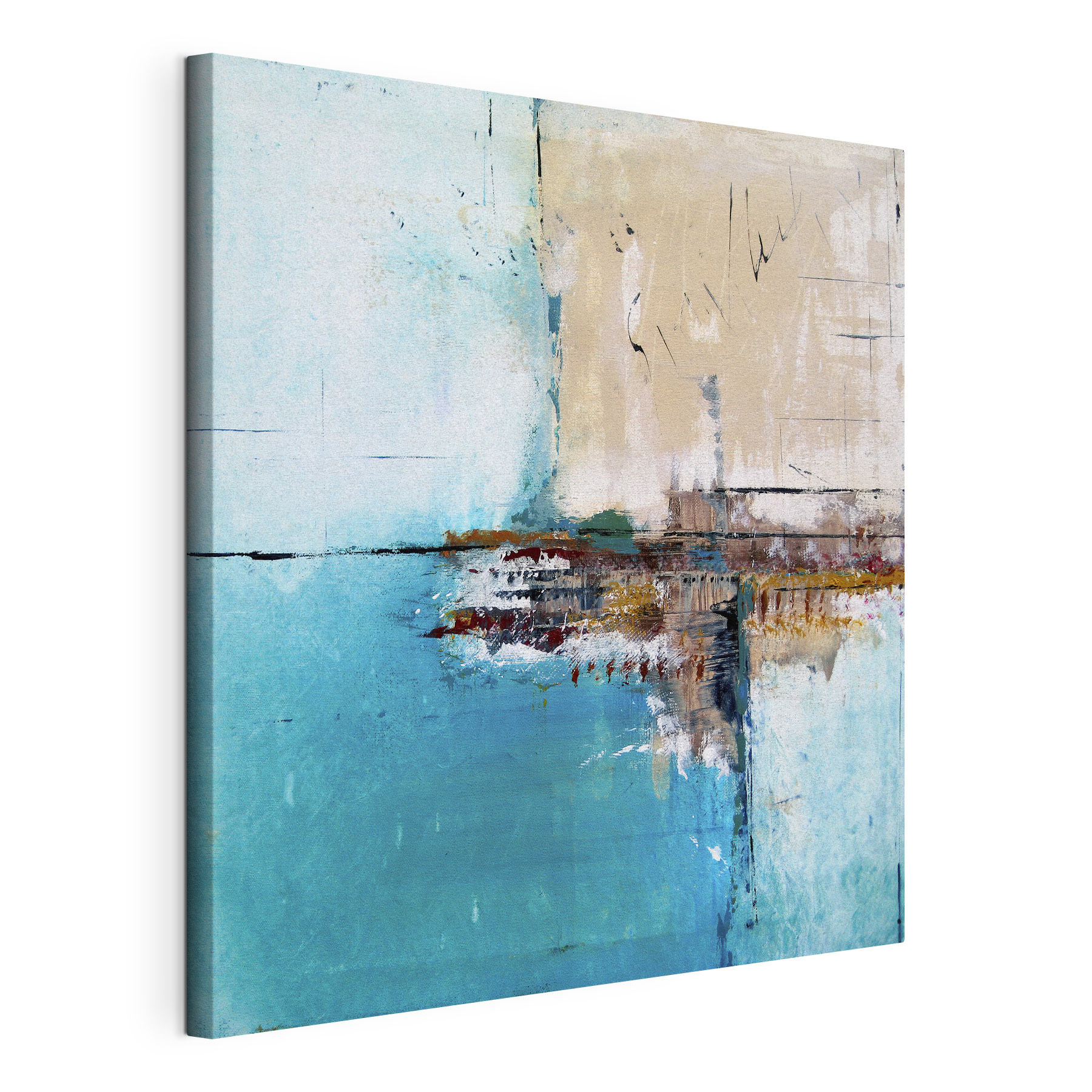 A painting of a blue and white wall