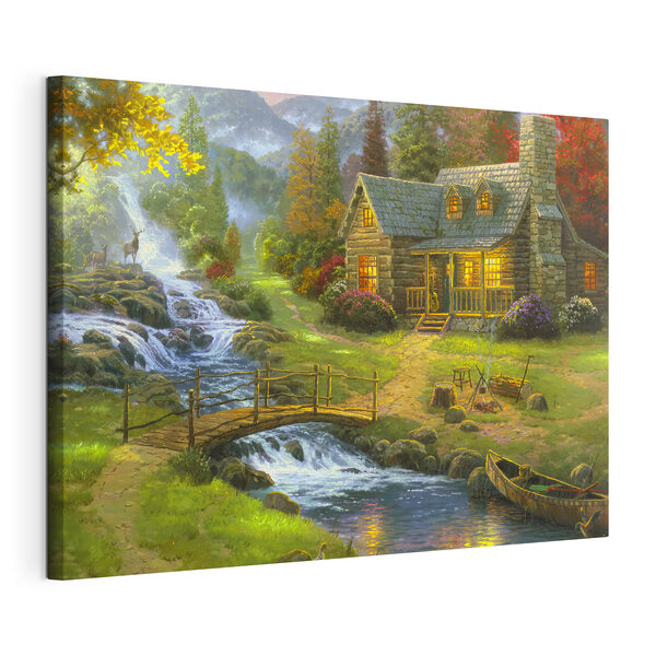 Cuadros Un cuadro que representa una cabaña de madera con un puente sobre un río (SKU: s15144) Cuadros Cuadros Un cuadro que representa una cabaña de madera con un puente sobre un río (SKU: s15144)