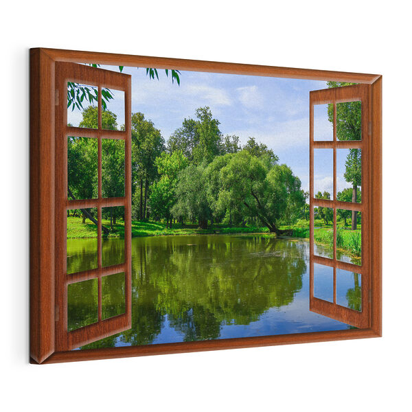 Cuadros Una ventana con vistas al lago y a los árboles