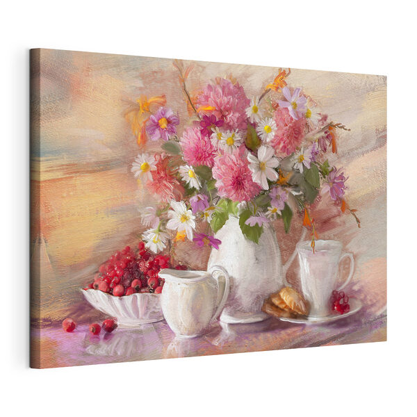 Cuadros Cuadros Un cuadro en el que se ven flores en un jarrón y un cuenco con cruasanes (SKU: s29240)