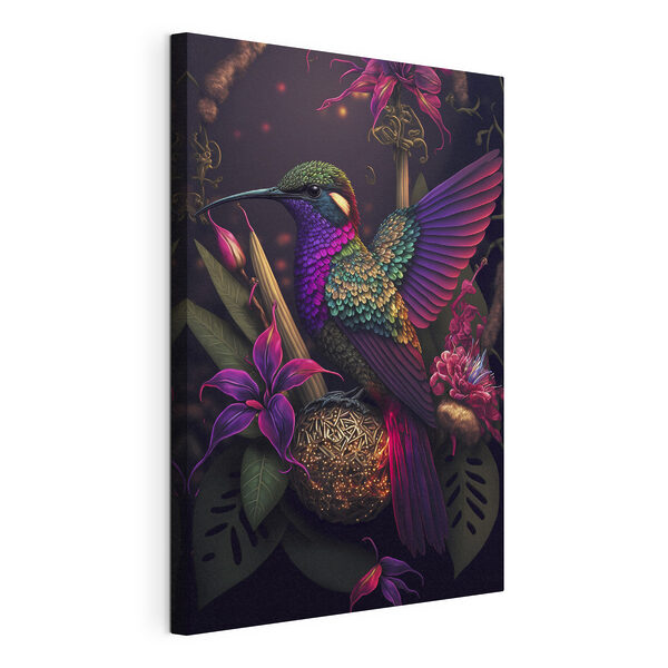 Un pájaro de colores posado sobre un ramo de flores Cuadros Un pájaro de colores posado sobre un ramo de flores