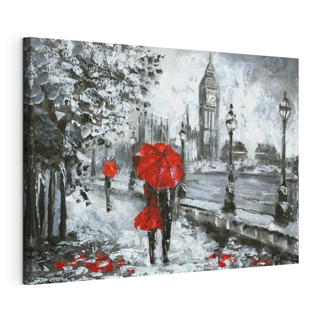 A painting of a couple holding umbrellas in a snowy city A painting of a couple holding umbrellas in a snowy city