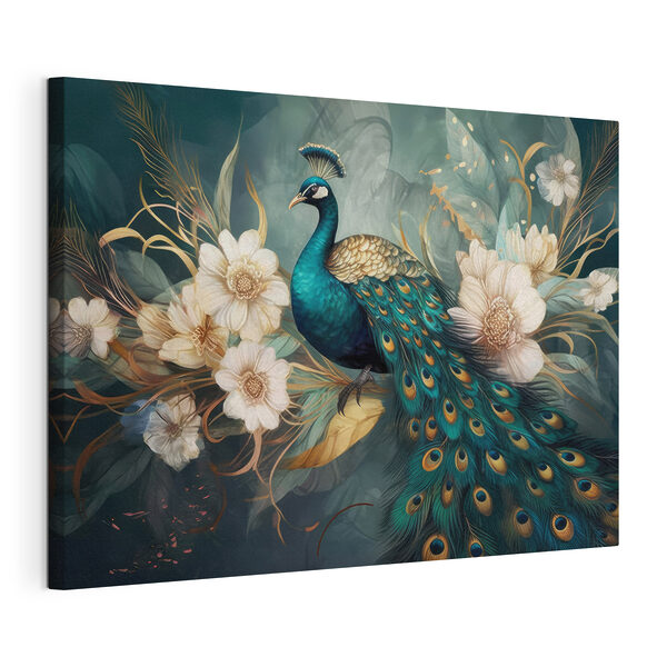 Un pavo real posado en una rama con flores Cuadros Un pavo real posado en una rama con flores