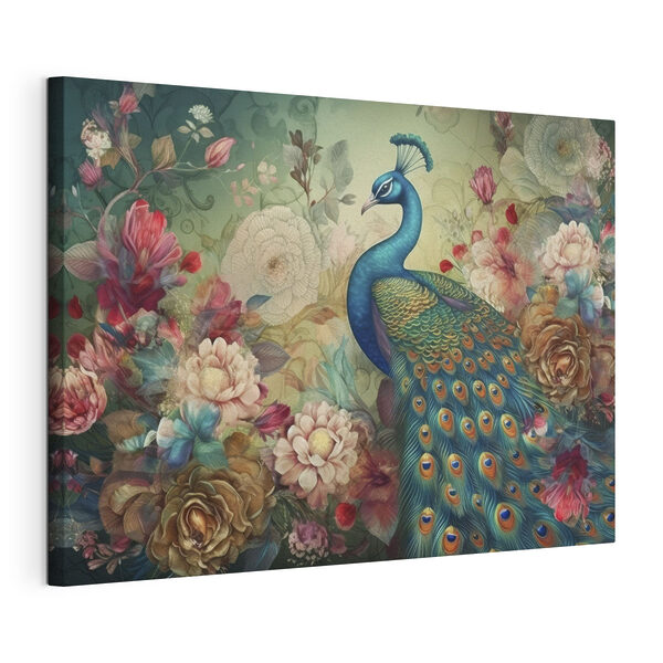 Cuadros Un pavo real con flores y hojas (SKU: s34869) Cuadros Cuadros Un pavo real con flores y hojas (SKU: s34869)