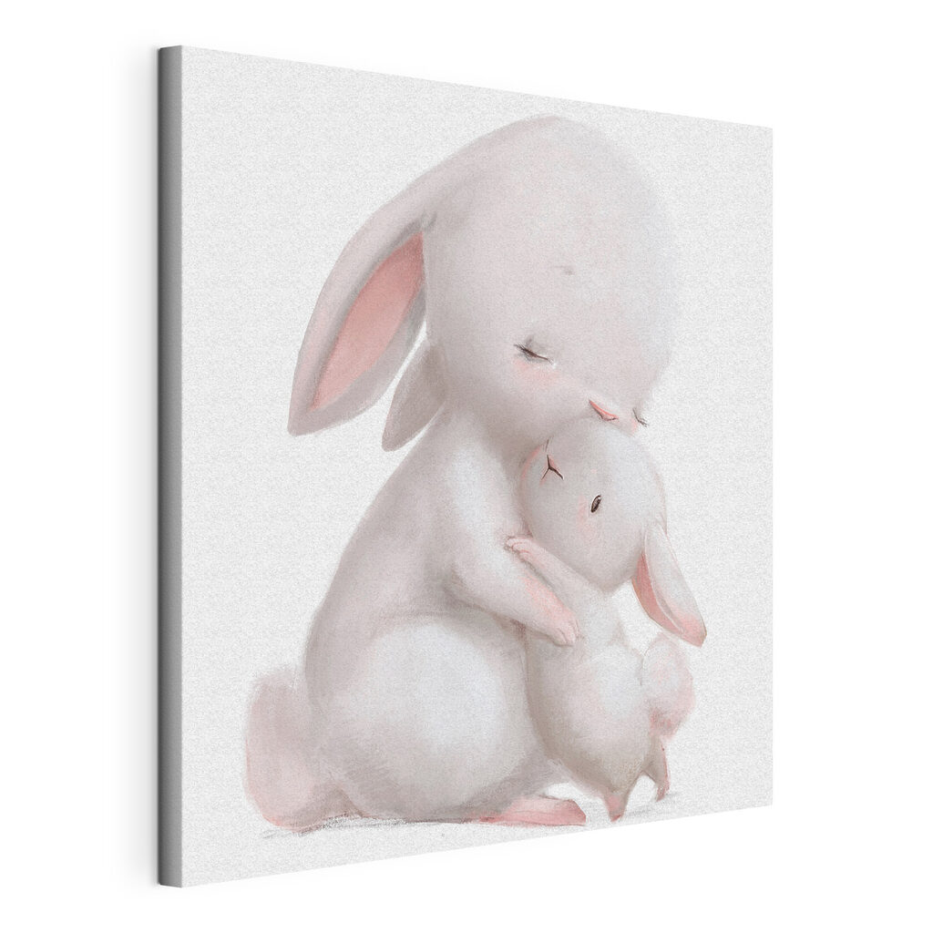 A cartoon of a rabbit hugging a baby rabbit