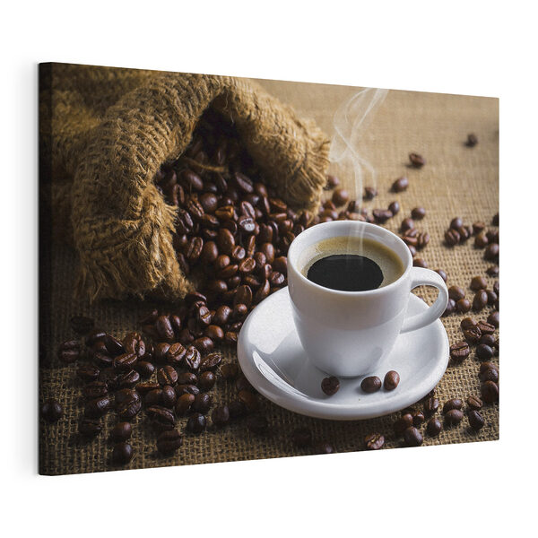 Cuadros Una taza de café y un paquete de café en grano