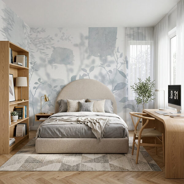 Fondo blanco y gris con hojas y pinceladas