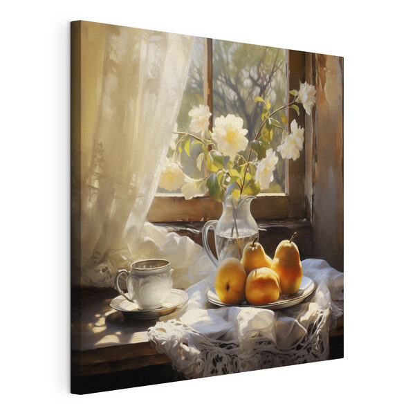 Cuadros Un plato de fruta y una taza sobre una mesa junto a un jarrón con flores (SKU: s39129) Cuadros Cuadros Un plato de fruta y una taza sobre una mesa junto a un jarrón con flores (SKU: s39129)