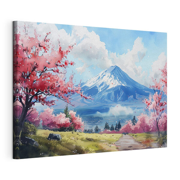 Cuadros El monte Fuji con flores rosas