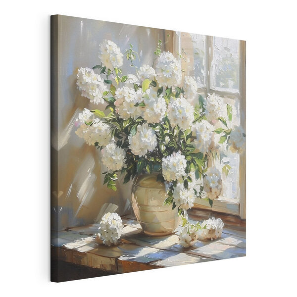 Cuadros Cuadros Jarrón con flores blancas frente a una ventana (SKU: s39779)