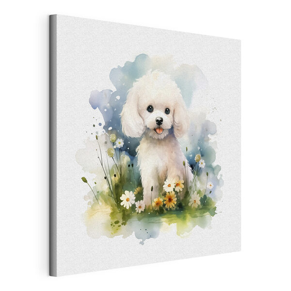 Un perro blanco sentado en un campo de flores Cuadros Un perro blanco sentado en un campo de flores