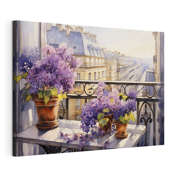 Cuadros Watercolor painting of a balcony with purple flowers (SKU: s39931) Cuadros Watercolor painting of a balcony with purple flowers (SKU: s39931)