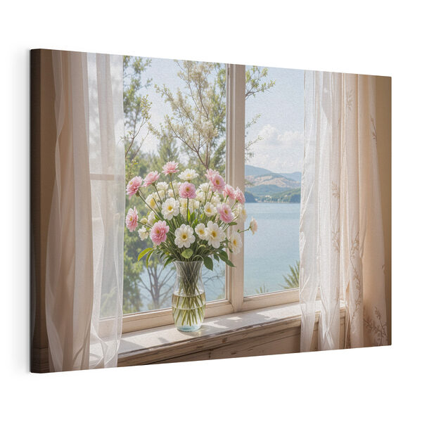 Cuadros Jarrón con flores frente a una ventana