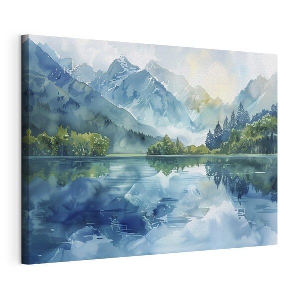 Cuadros Cuadros Acuarela de un lago con árboles y montañas al fondo (SKU: s40310)