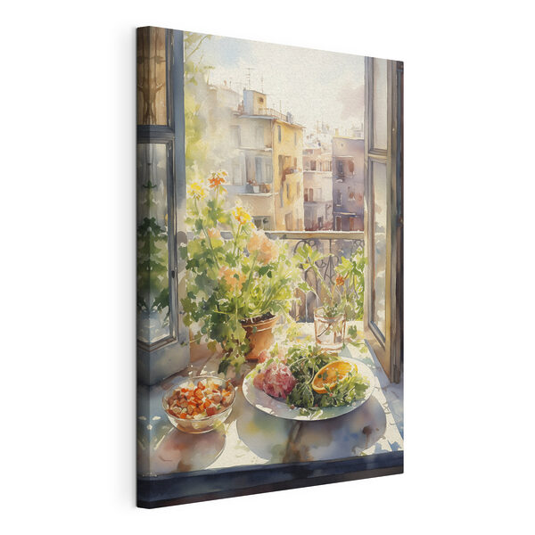 Cuadros Cuadros Acuarela de una mesa con comida y flores frente a una ventana (SKU: s41166)