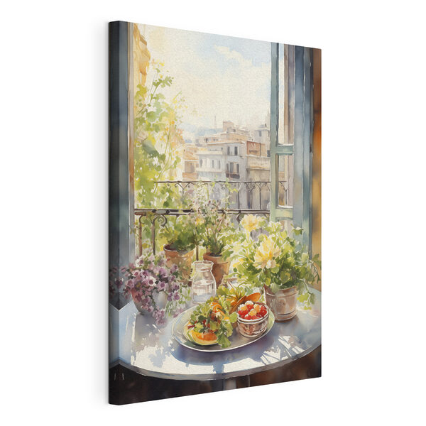 Cuadros Cuadros Acuarela de flores y frutas sobre una mesa frente a una ventana (SKU: s41168)