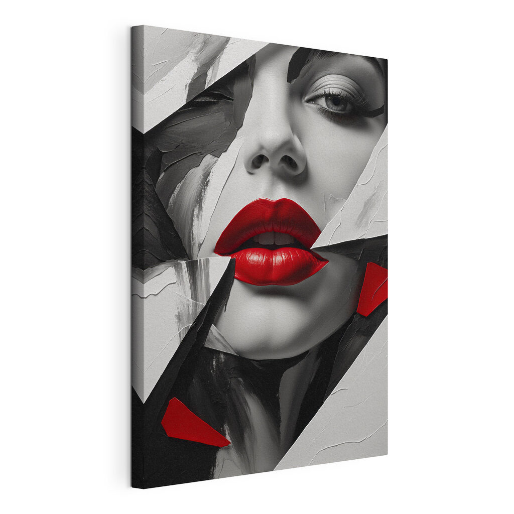 Red lips amidst abstract design