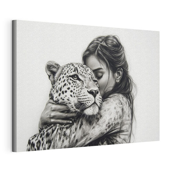 Dibujo de una mujer abrazando a un leopardo Cuadros Dibujo de una mujer abrazando a un leopardo