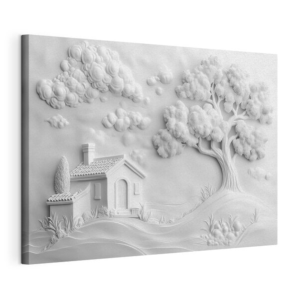 Cuadro blanco con una casa y un árbol Cuadros Cuadro blanco con una casa y un árbol