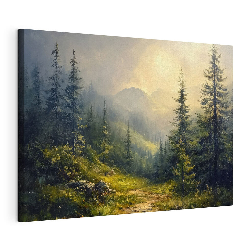Painting of a forest with mountains and trees