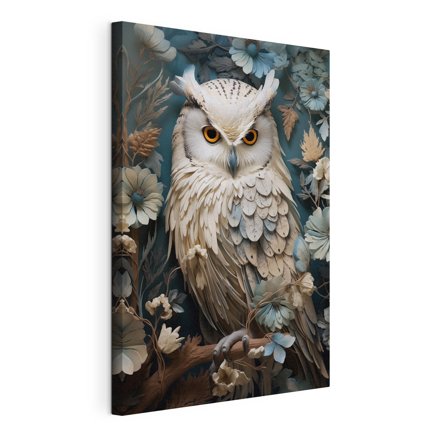 White owl with yellow eyes and a blue background with flowers