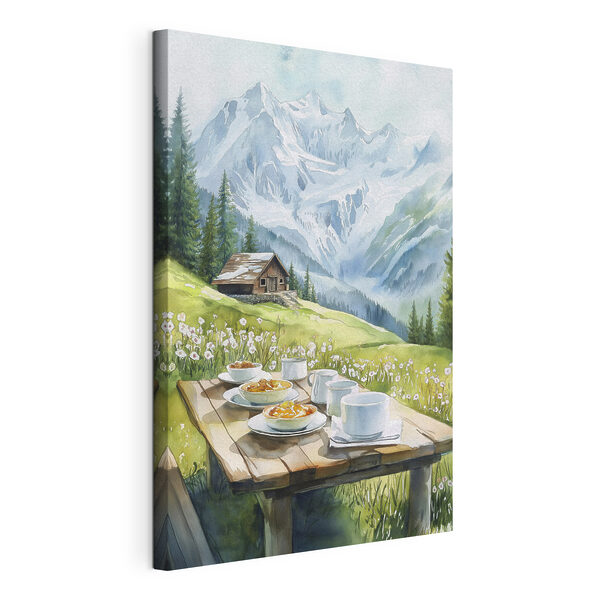 Mesa con platos de comida y tazas, con montañas al fondo Cuadros Mesa con platos de comida y tazas, con montañas al fondo