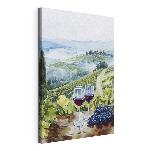 Cuadros Acuarela de copas de vino sobre una mesa, con uvas y colinas al fondo (SKU: s42445) Cuadros Cuadros Acuarela de copas de vino sobre una mesa, con uvas y colinas al fondo (SKU: s42445)