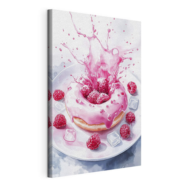 Cuadros Un donut con glaseado rosa y frambuesas sobre un plato blanco (SKU: s42788) Cuadros Cuadros Un donut con glaseado rosa y frambuesas sobre un plato blanco (SKU: s42788)
