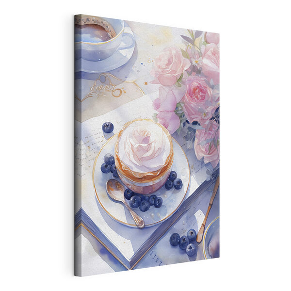 Cuadros Acuarela de un postre con una rosa sobre un plato con arándanos y una cuchara (SKU: s43053) Cuadros Cuadros Acuarela de un postre con una rosa sobre un plato con arándanos y una cuchara (SKU: s43053)
