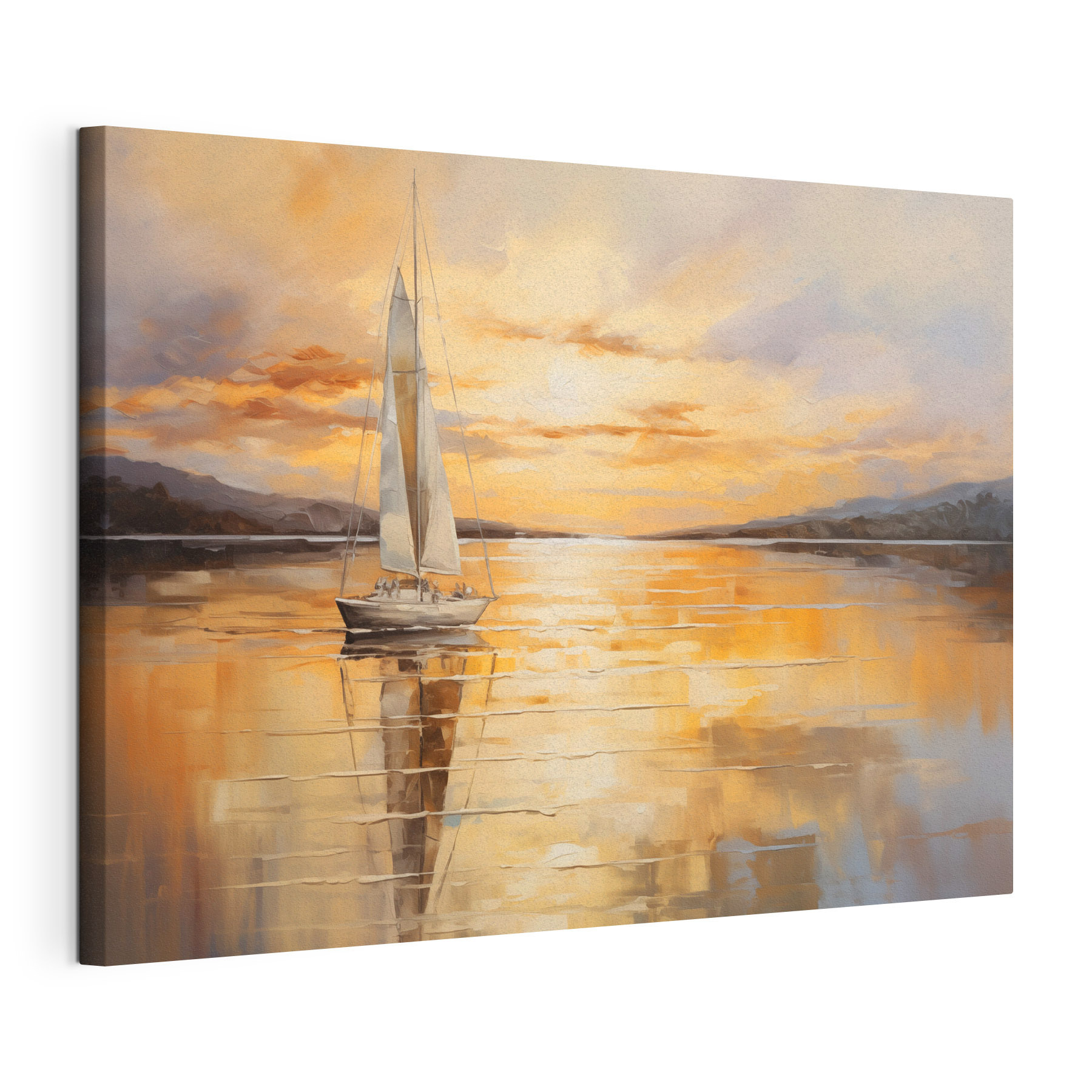 Painting of a sailboat on a calm lake Painting of a sailboat on a calm lake