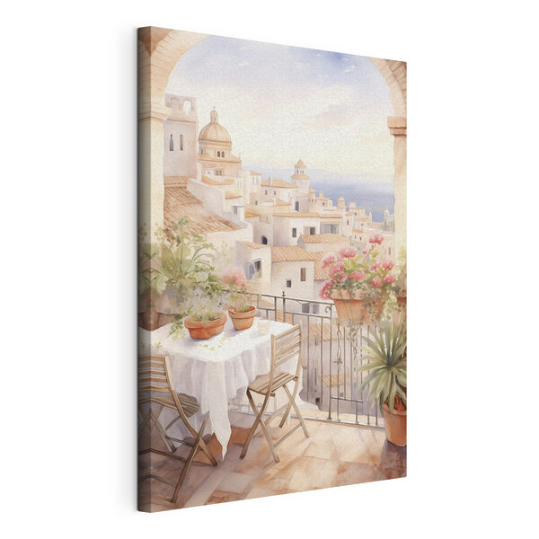Cuadros Acuarela de una mesa y unas sillas en un balcón con vistas a la ciudad (SKU: s43184) Cuadros Cuadros Acuarela de una mesa y unas sillas en un balcón con vistas a la ciudad (SKU: s43184)