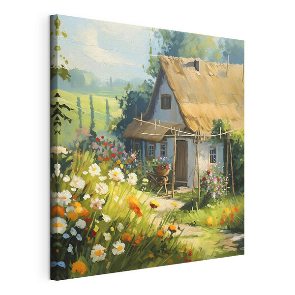 Cuadros Un cuadro de una casa con flores y plantas