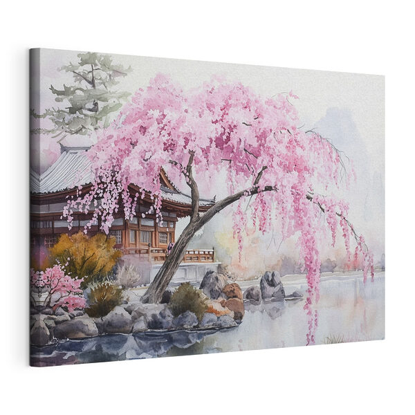 Cuadros Acuarela de un árbol con flores rosas