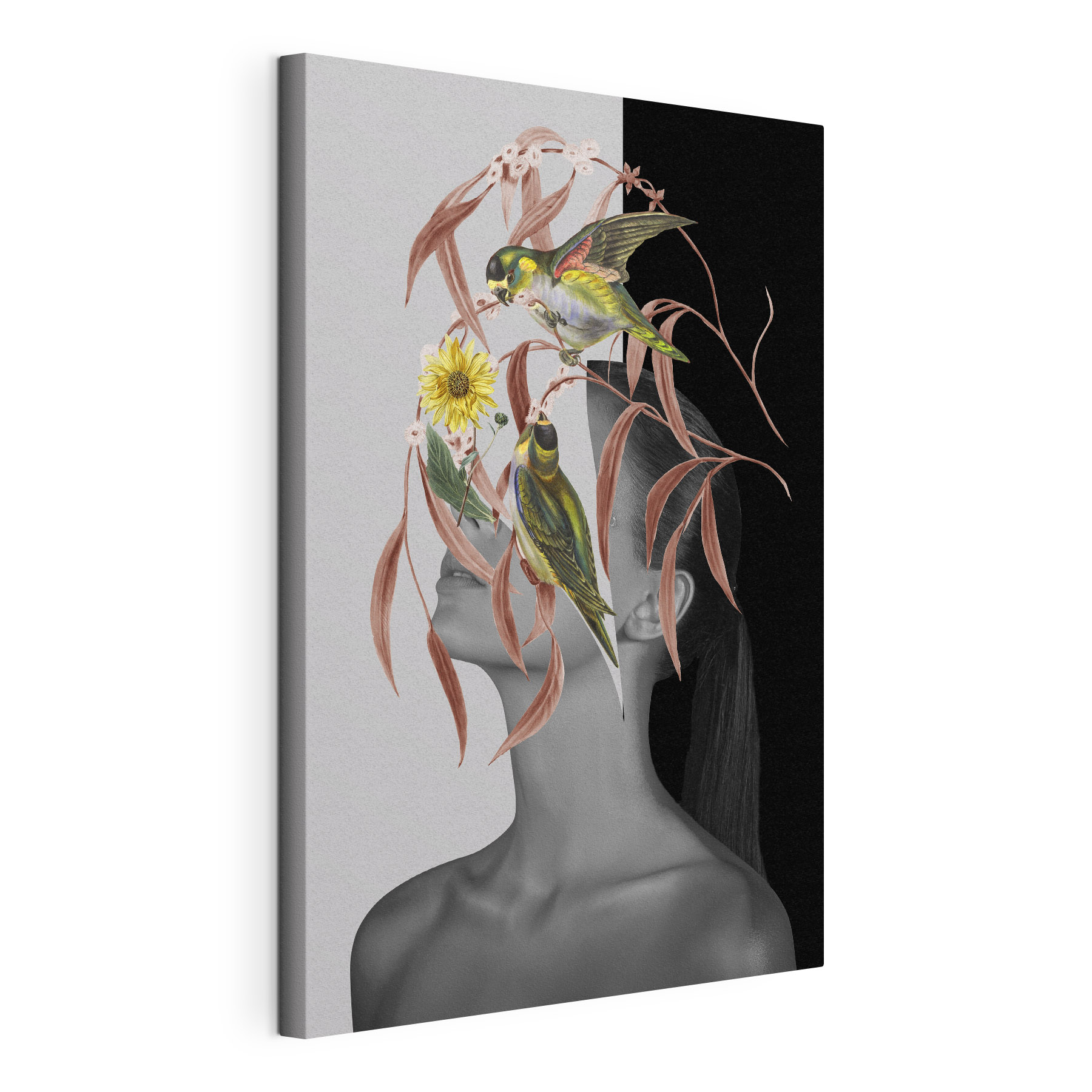 A woman's profile with birds and leaves A woman's profile with birds and leaves