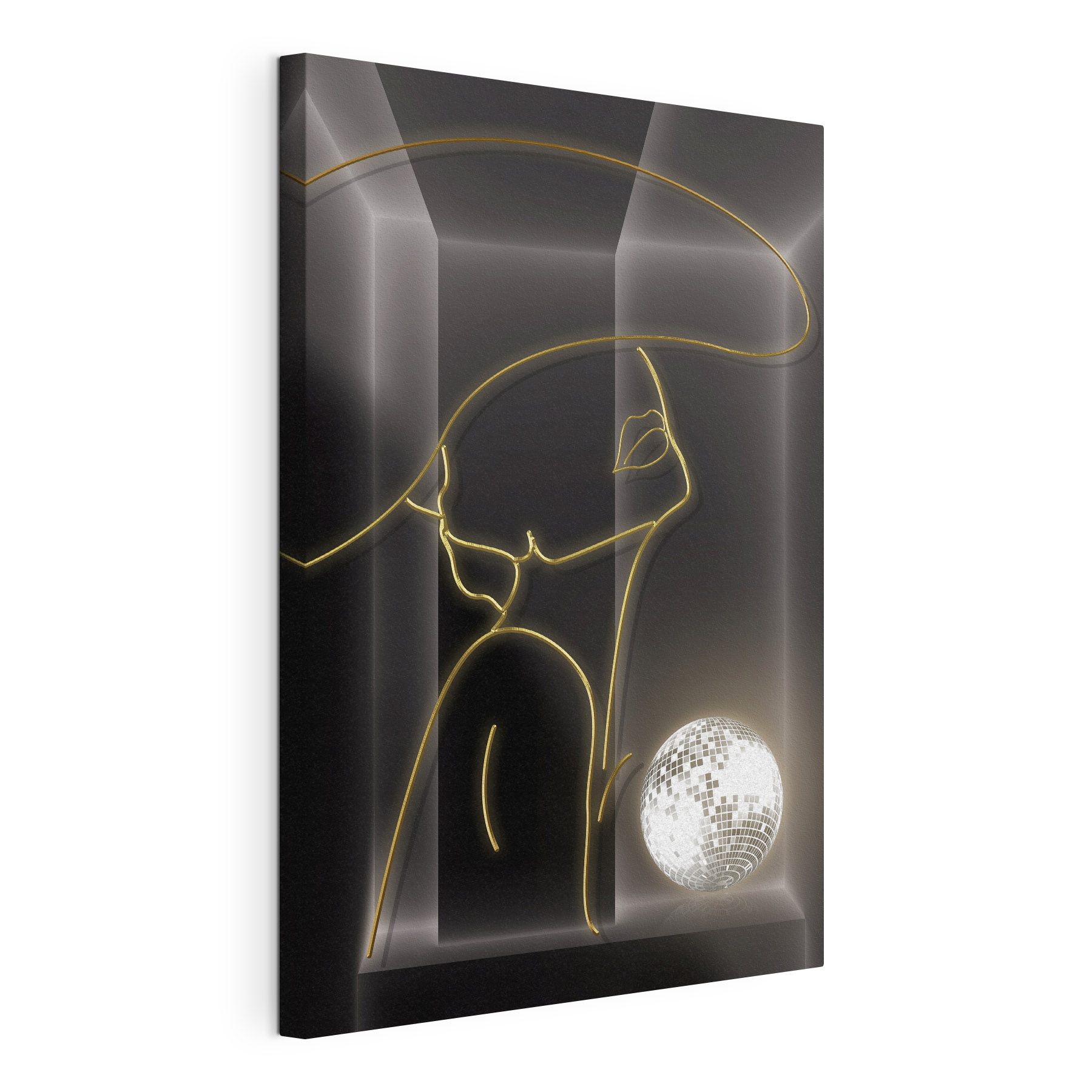 A drawing of a woman with a disco ball