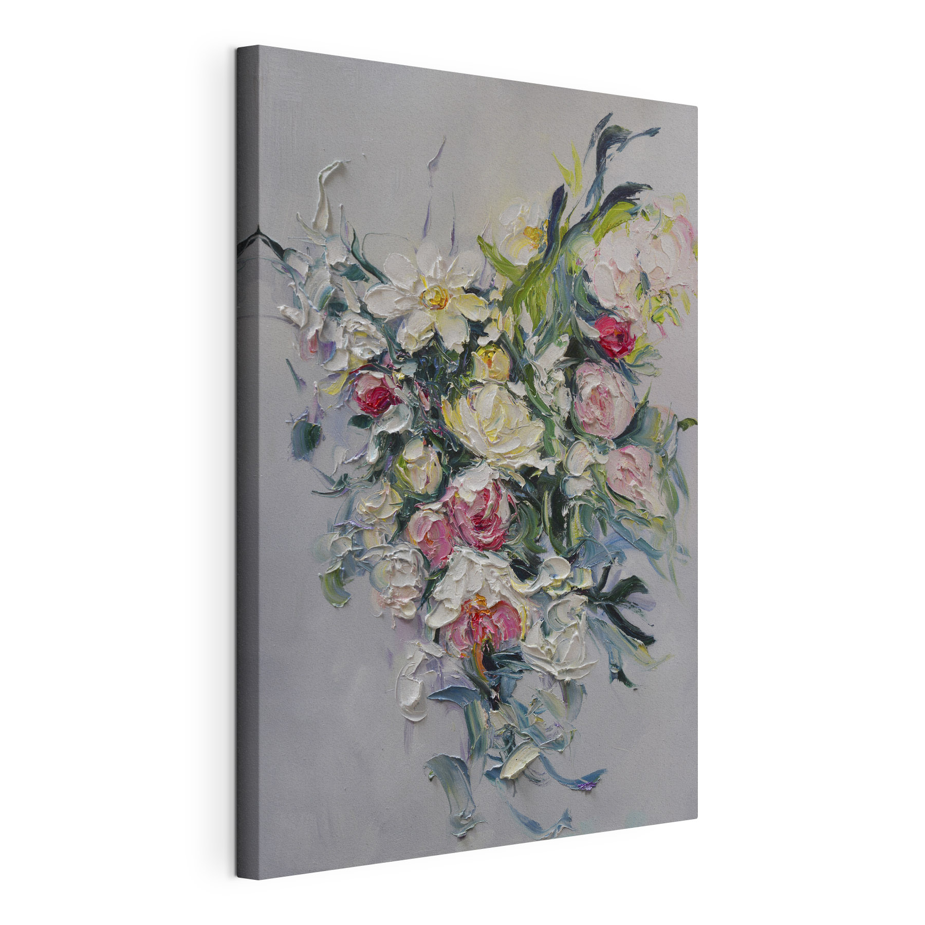 A painting of flowers on a white surface