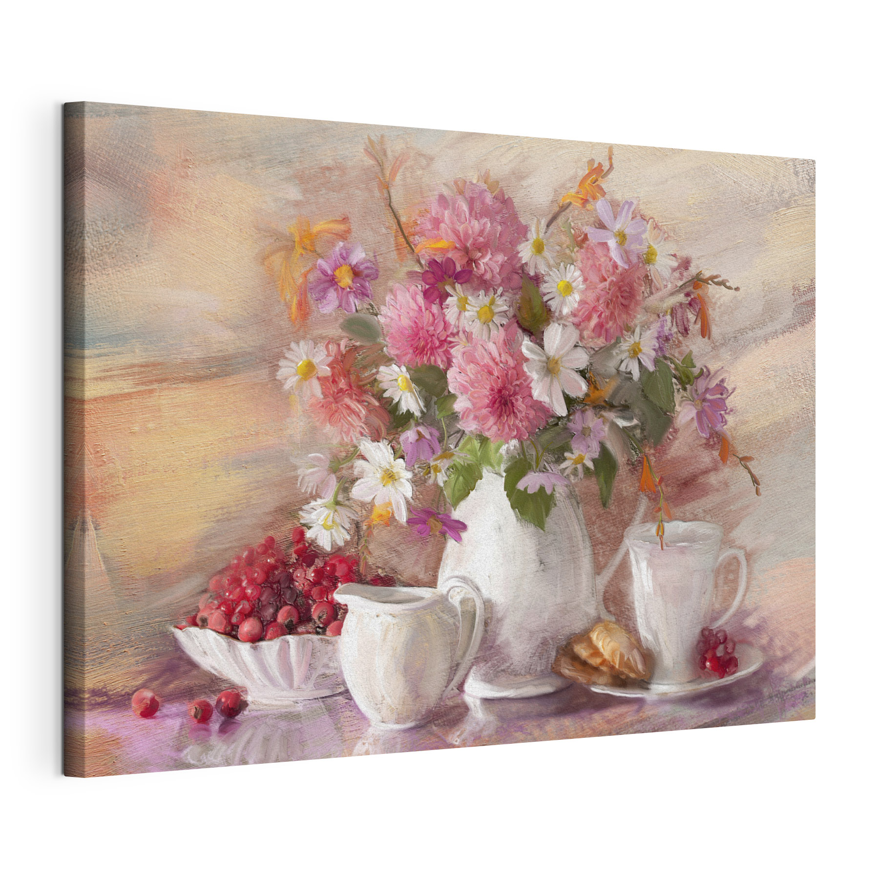 A painting of flowers in a vase and a bowl of food A painting of flowers in a vase and a bowl of food