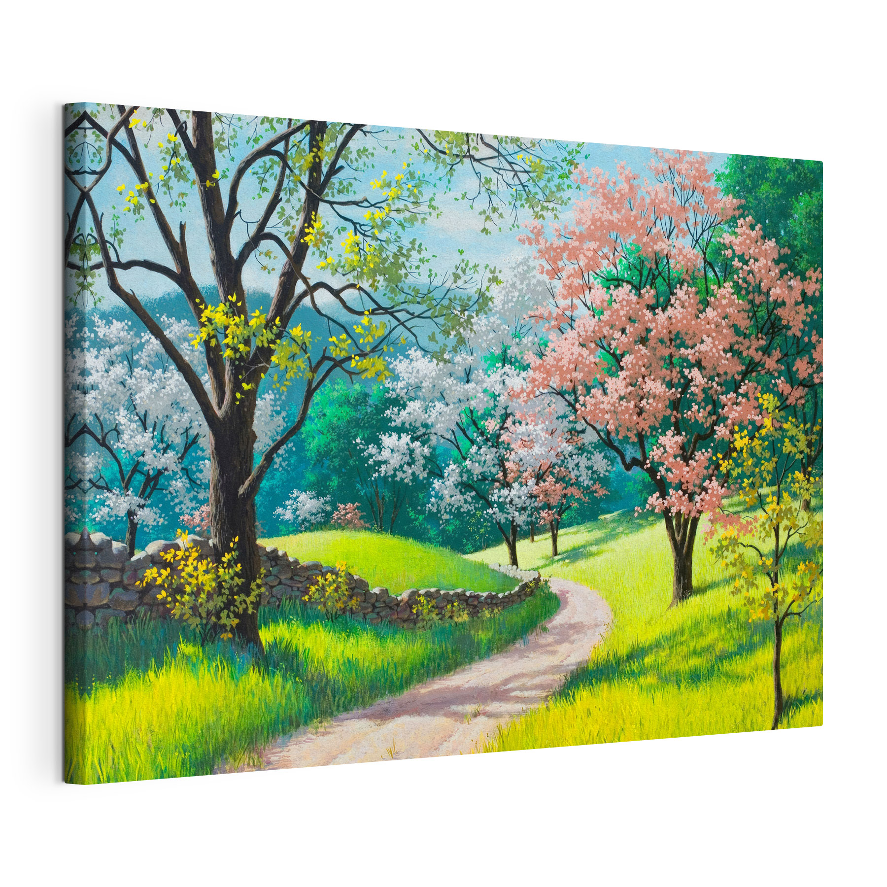 A dirt road through a grassy field with trees and a stone wall A dirt road through a grassy field with trees and a stone wall