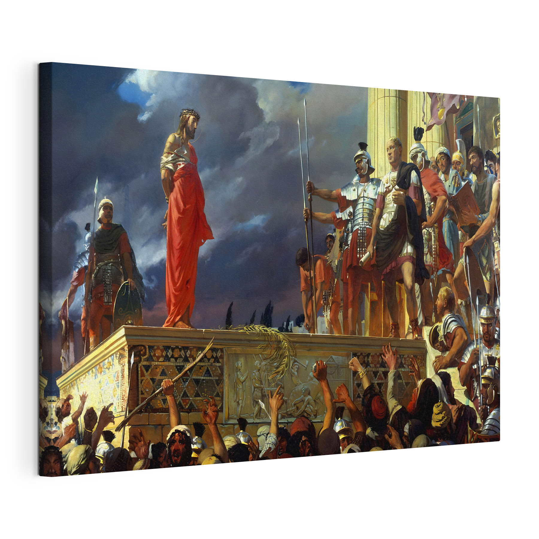 Painting of a man in a red robe standing on a platform with a crowd of people