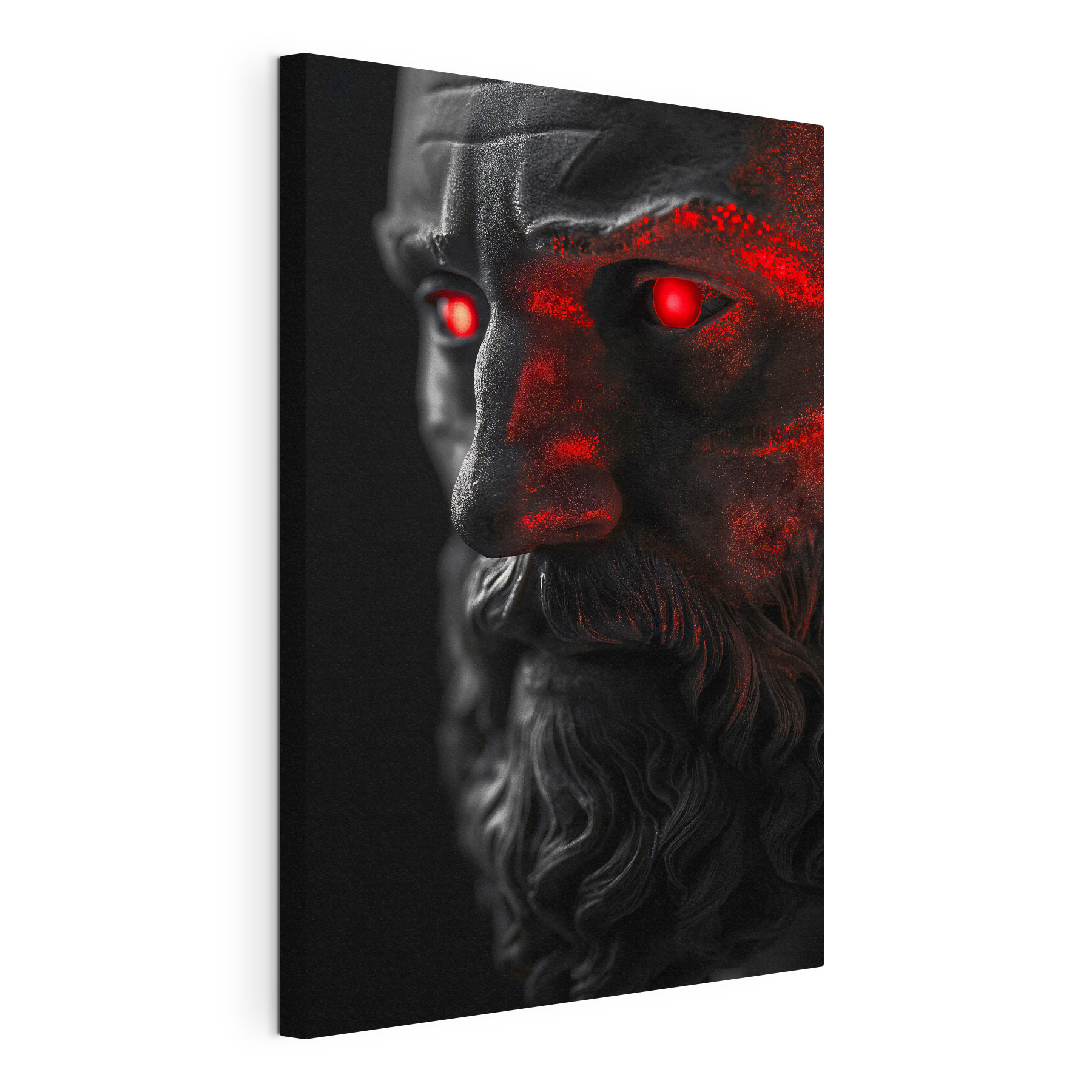 A statue of a man with red eyes