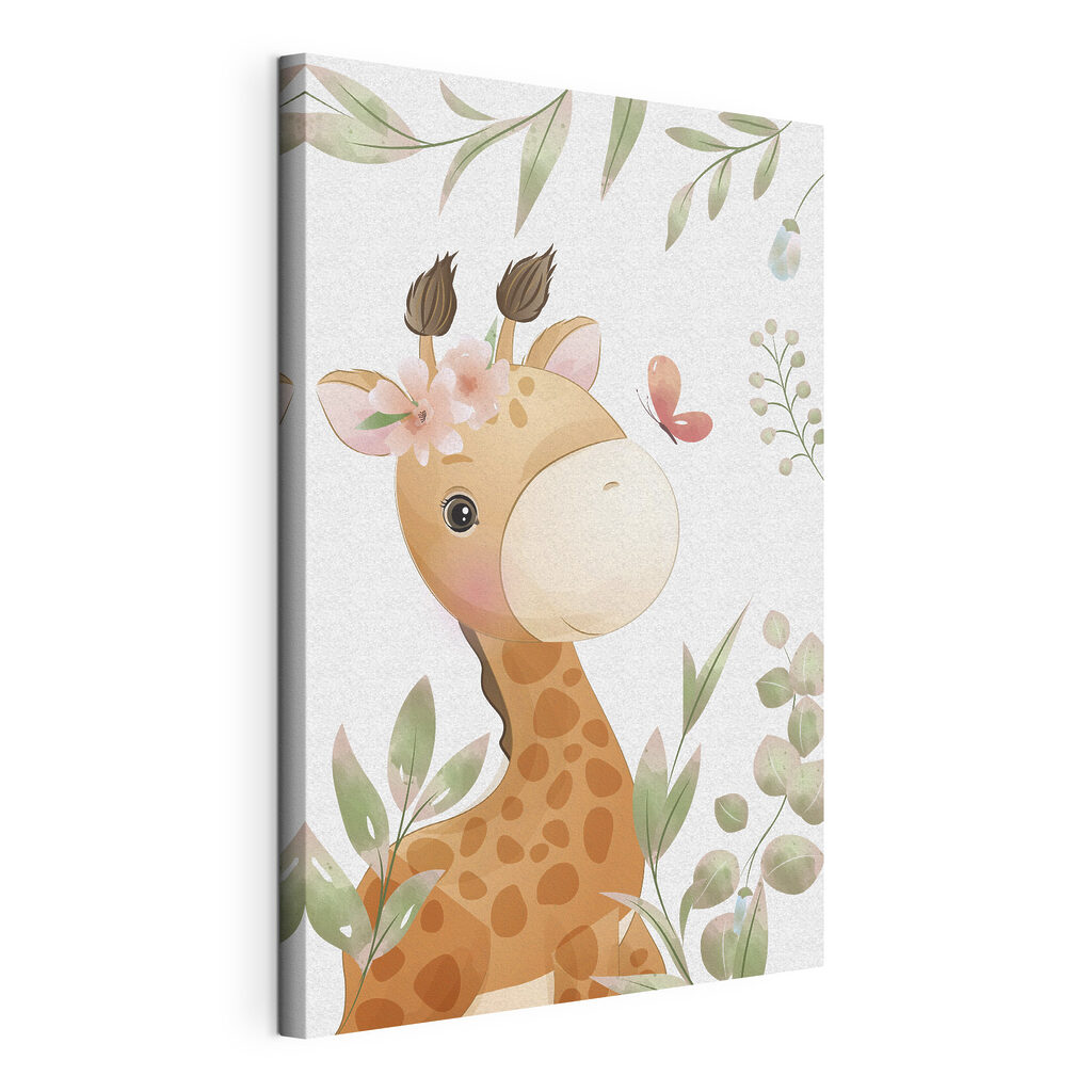 A giraffe with flowers and leaves
