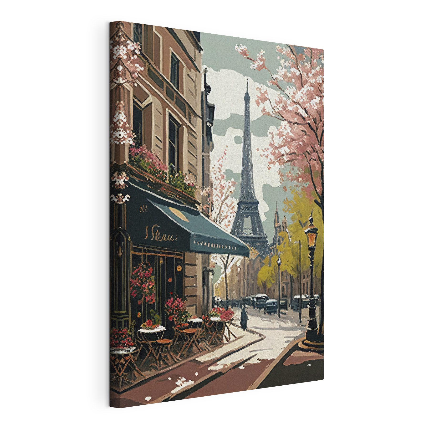 Painting of a street with a tower in the background Painting of a street with a tower in the background