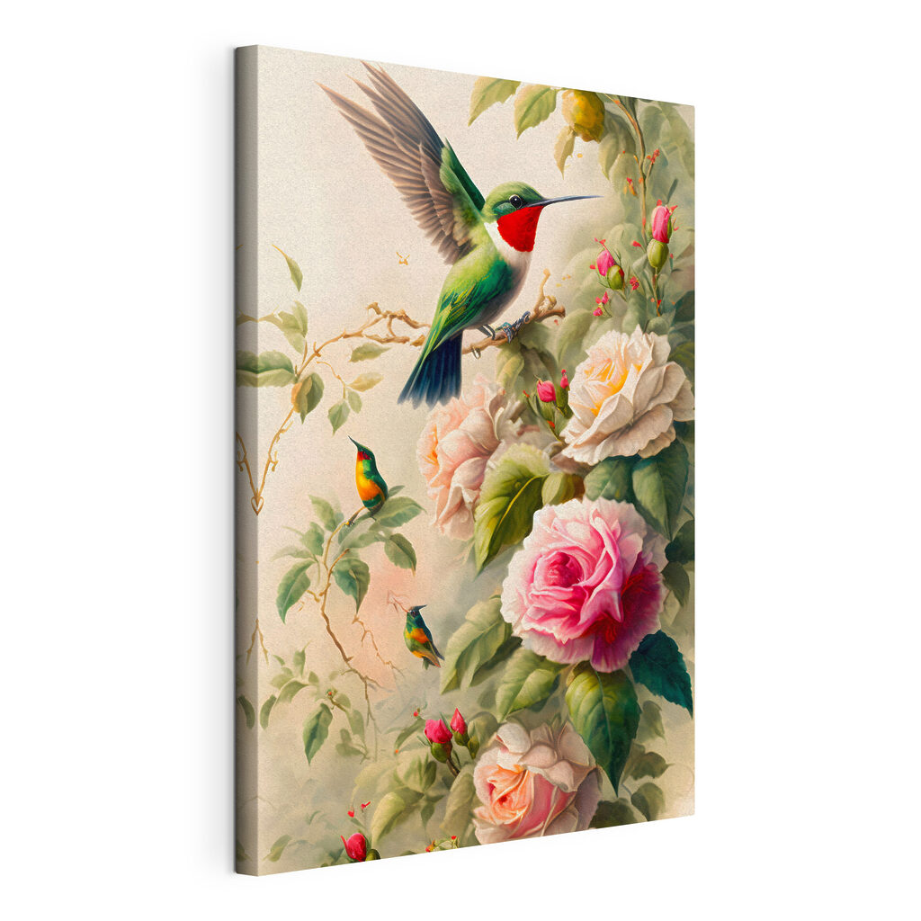 A painting of birds on a branch with flowers