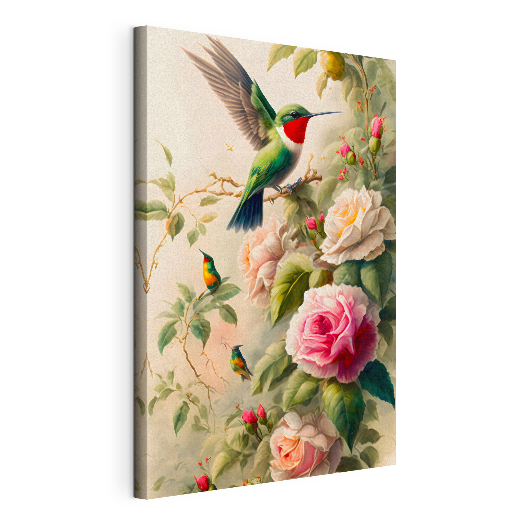 A painting of birds on a branch with flowers