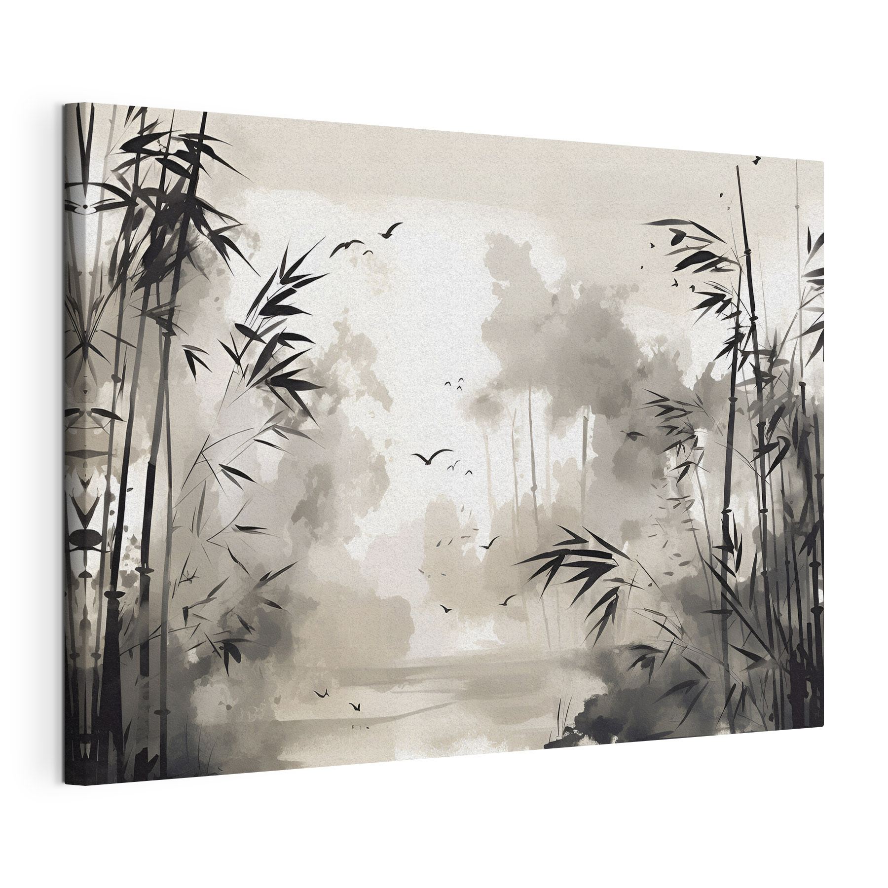A black and white painting of trees and birds A black and white painting of trees and birds