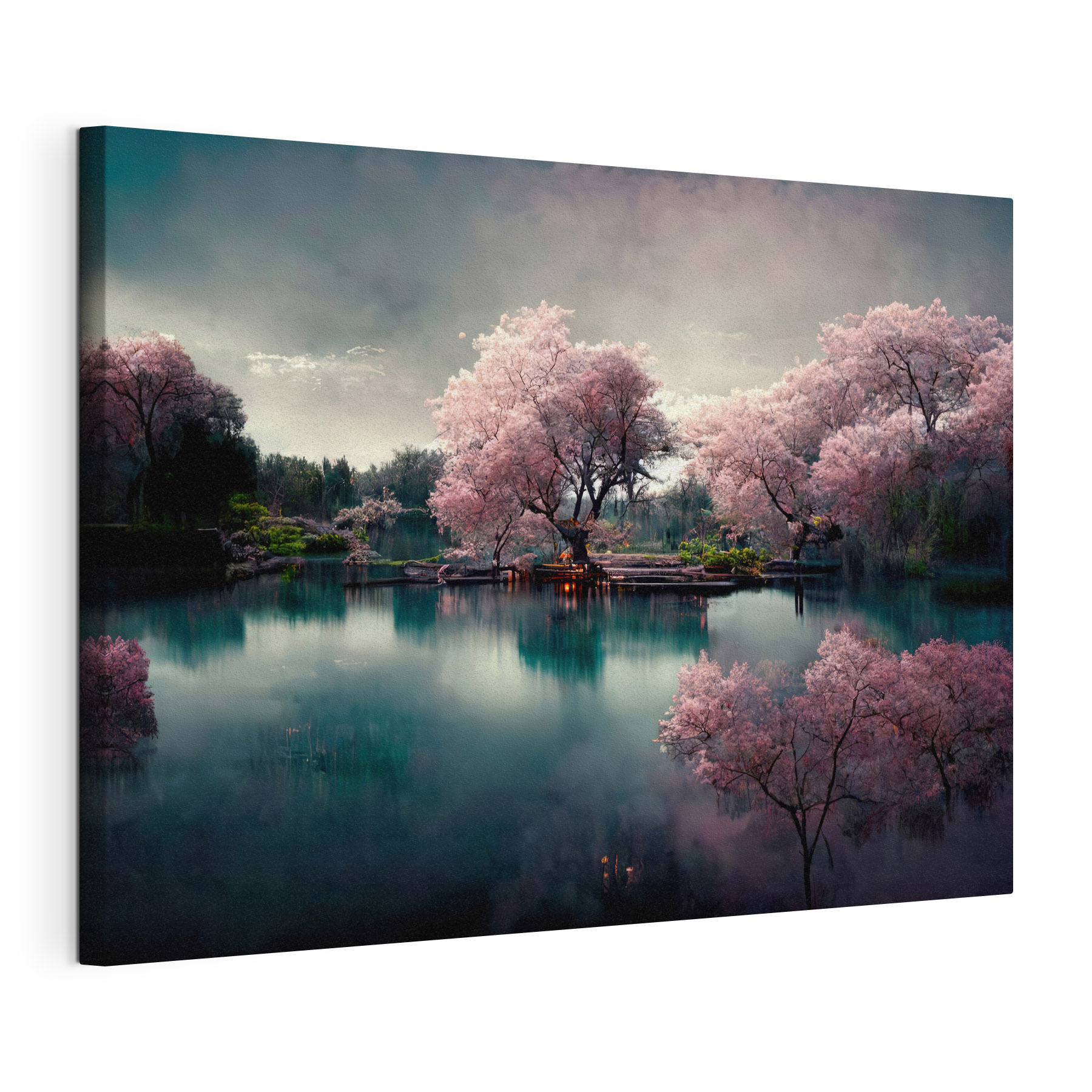 A group of trees with pink flowers on a lake