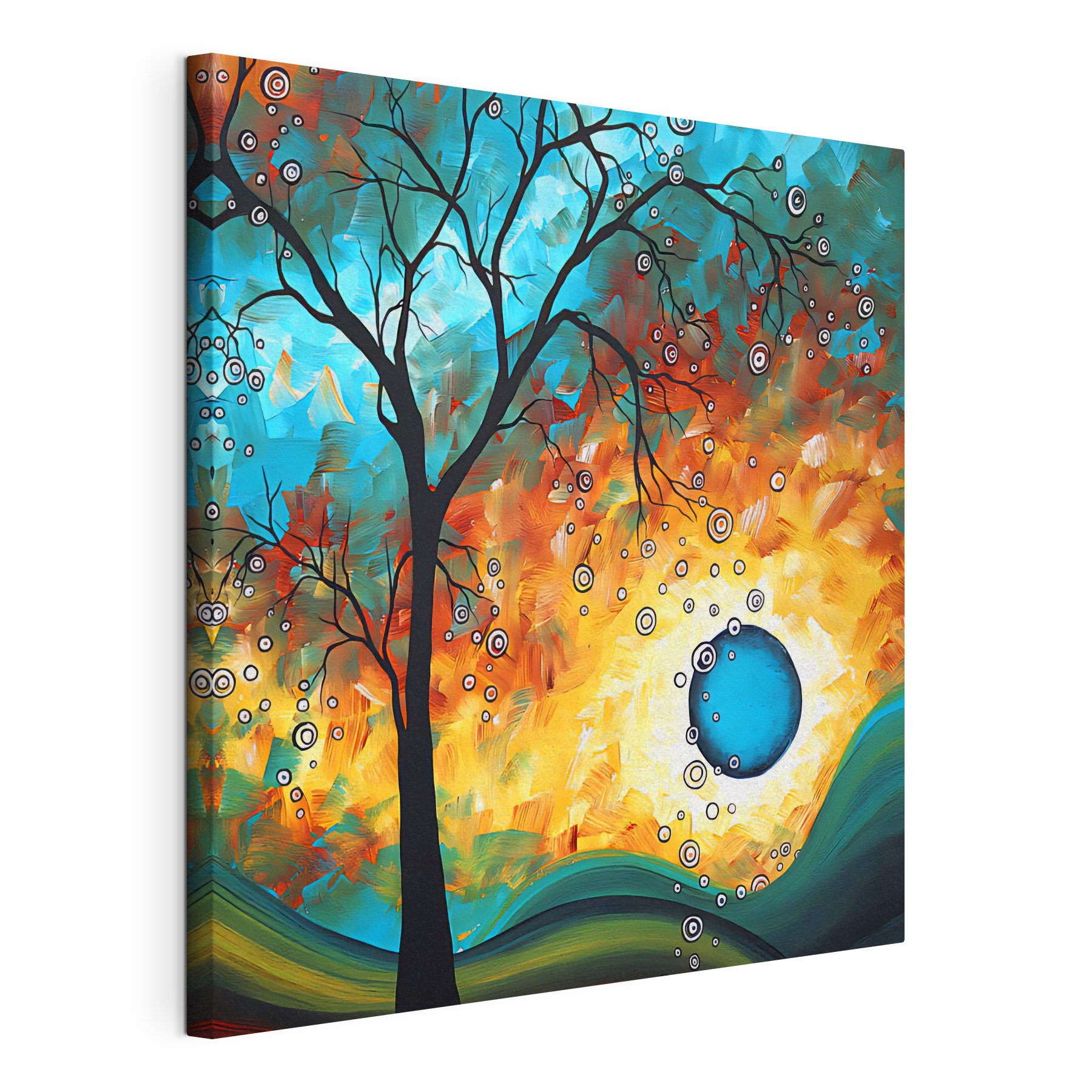 A painting of a tree and a sunset