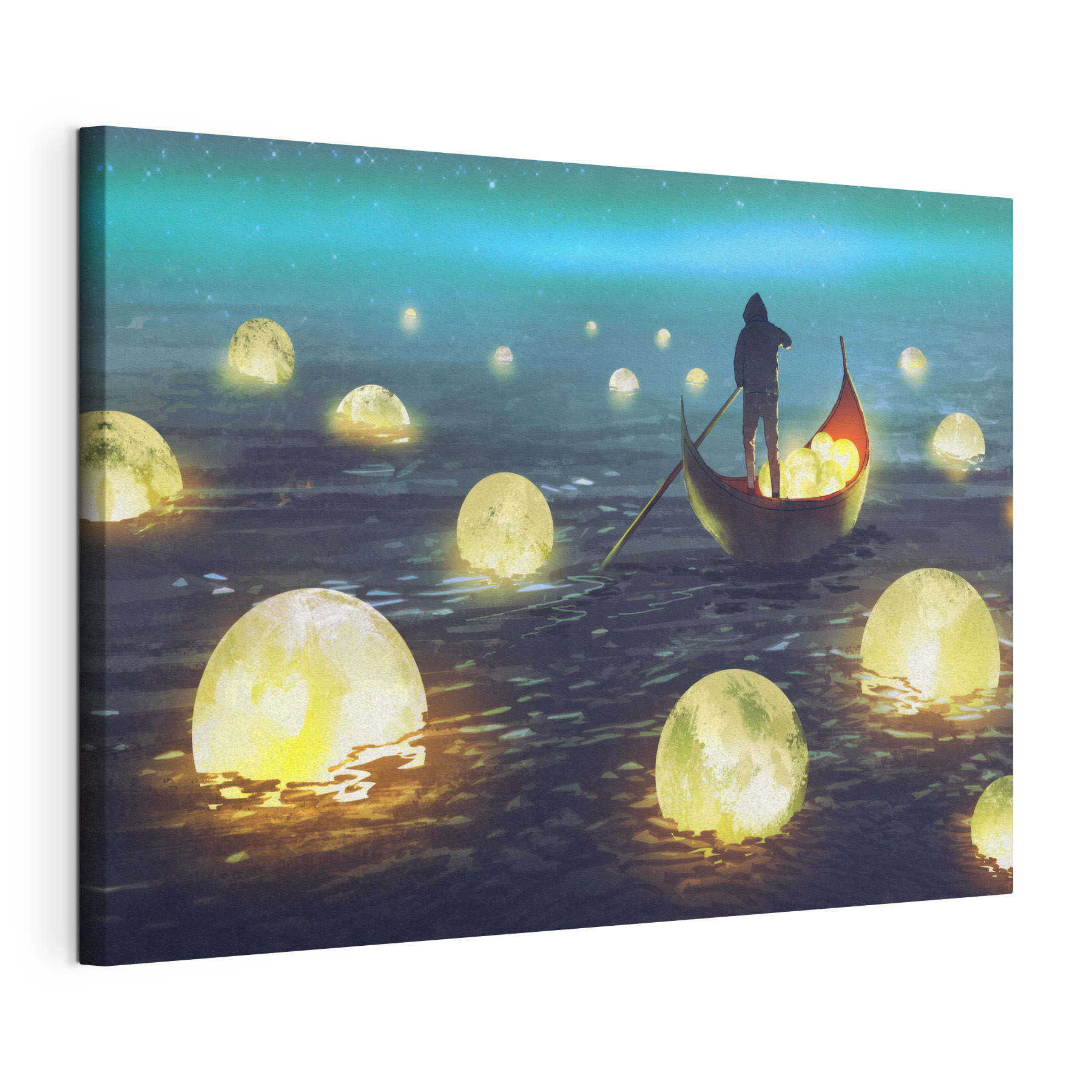 A person in a boat with glowing balls floating in the water A person in a boat with glowing balls floating in the water