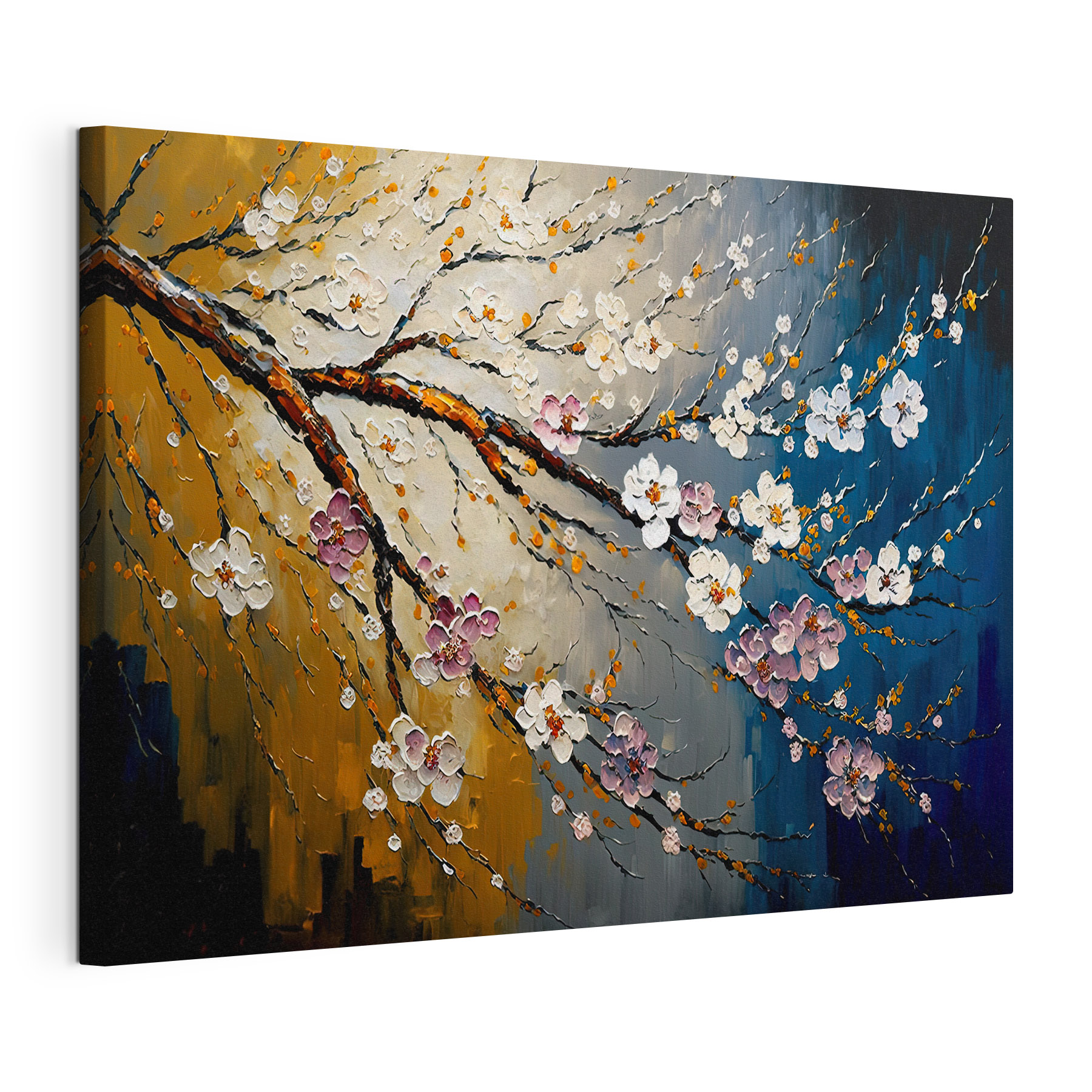 A painting of a tree branch with flowers A painting of a tree branch with flowers