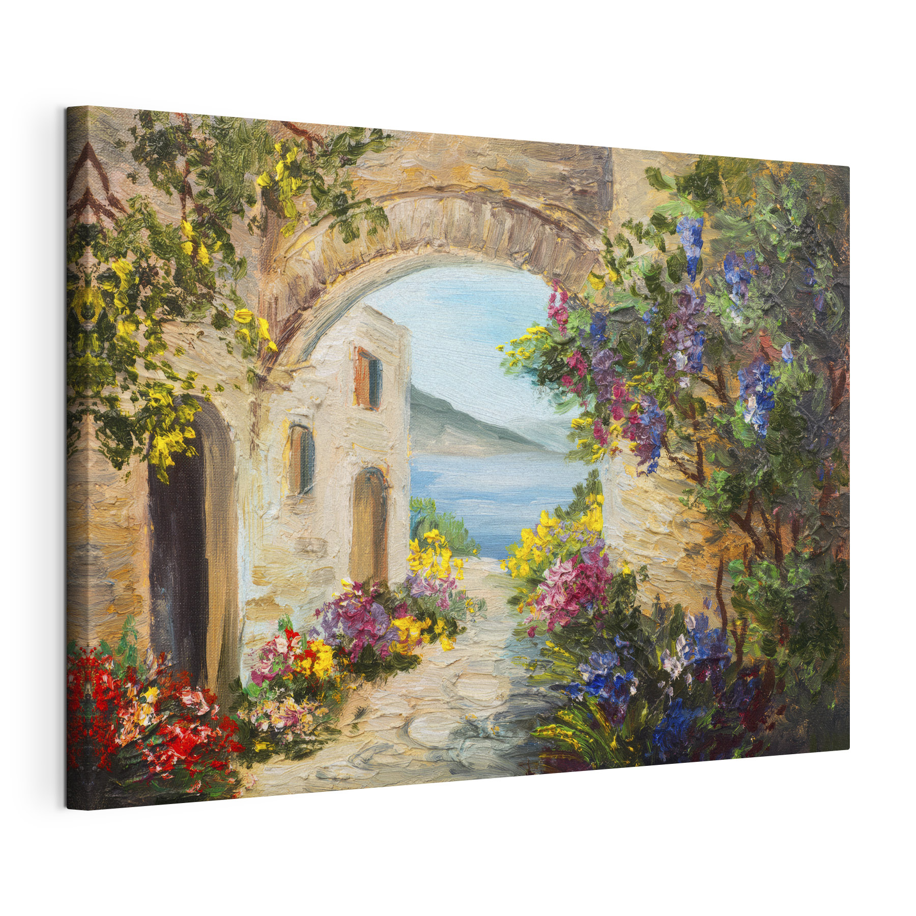 A painting of a stone archway with flowers and a stone path A painting of a stone archway with flowers and a stone path